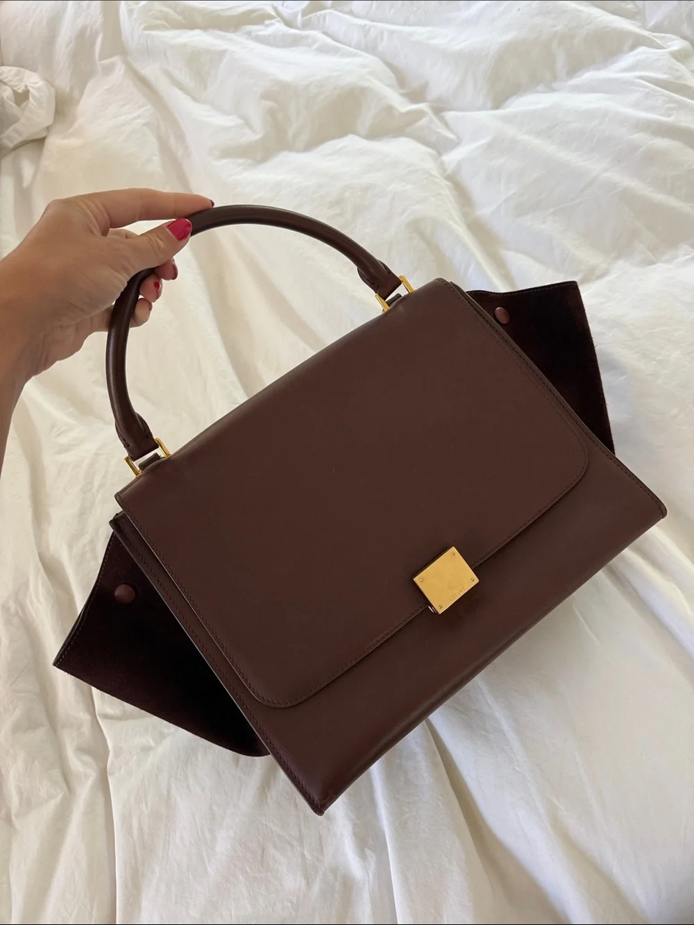 Burgundy Celine Leather and Suede Shoulder Bag with Gold Hardware